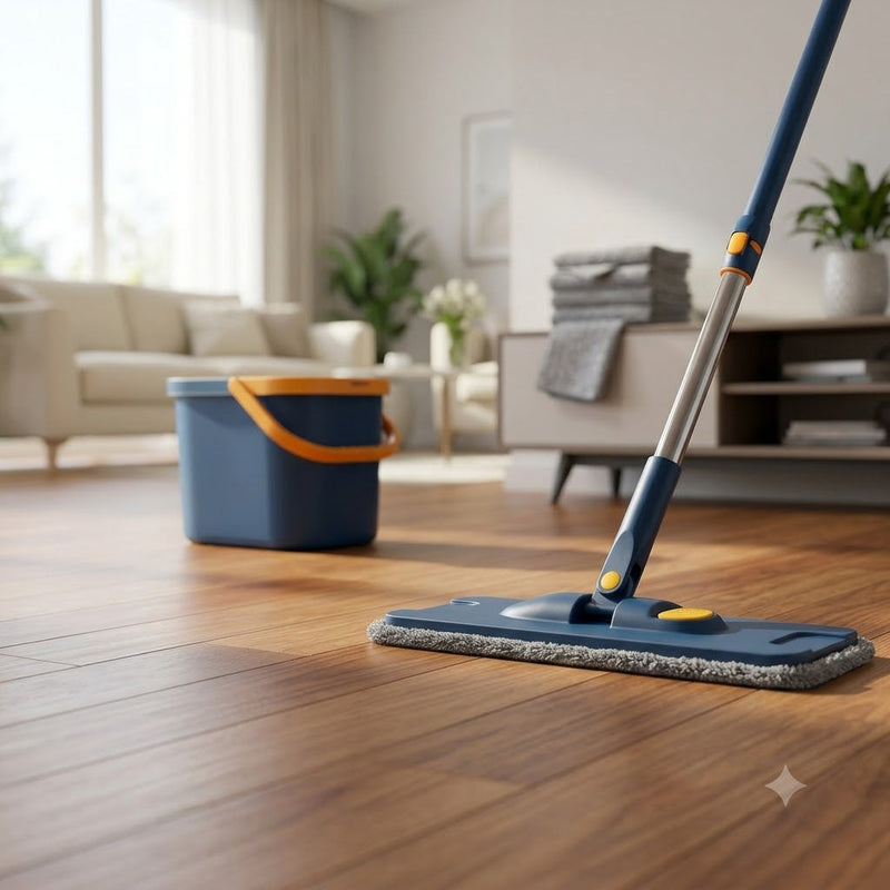 Kit Mop Flat Mãos Livres com Balde Raspador e 9 Refis para Limpeza Seca e Molhada