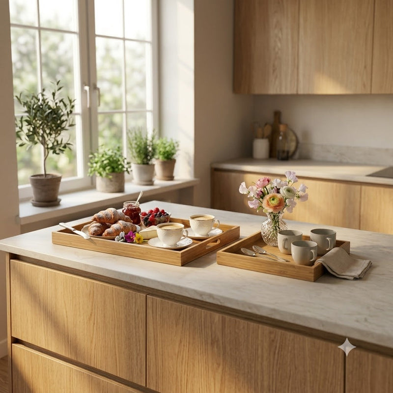 Natura Tray™ - Kit 2 Bandejas Retangulares em Madeira para Café, Decoração e Organização